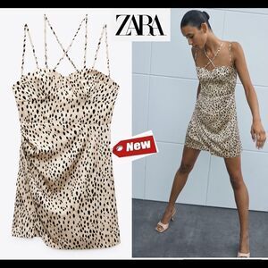 Zara Cream brown leopard print spaghetti strap mini dress Sz XS NWT